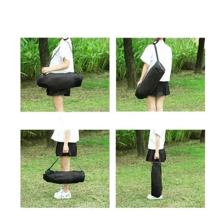 Portable hammock chair folded into a compact carry bag, shown being worn over the shoulder, carried by hand, and transported easily for outdoor camping and travel.