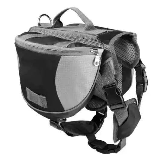 Trail Teck Pet Saddle Backpack in black designed for dogs to carry gear comfortably during hiking and outdoor activities