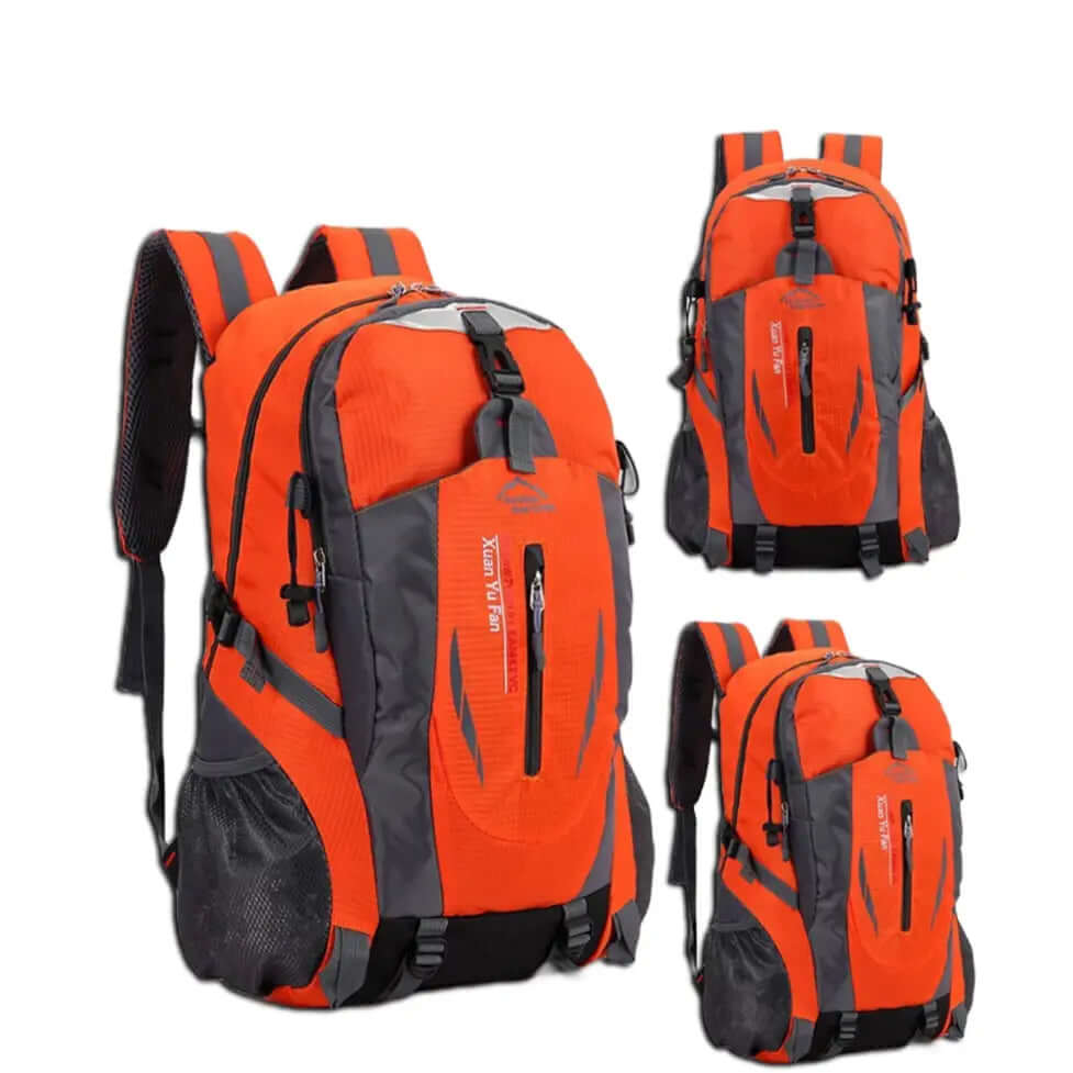 Orange 40L camping backpack with multiple compartments, adjustable padded shoulder straps, breathable mesh back panel, and side pockets for hiking, travel, and outdoor adventures.
