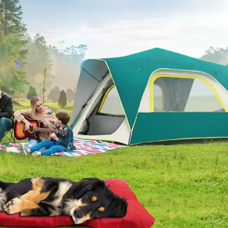 Dog resting on portable camping dog bed at campsite