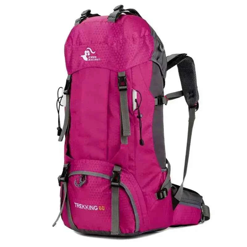 Camping backpack 60L in pink with adjustable straps, padded back support, multiple compartments, and trekking-ready design.