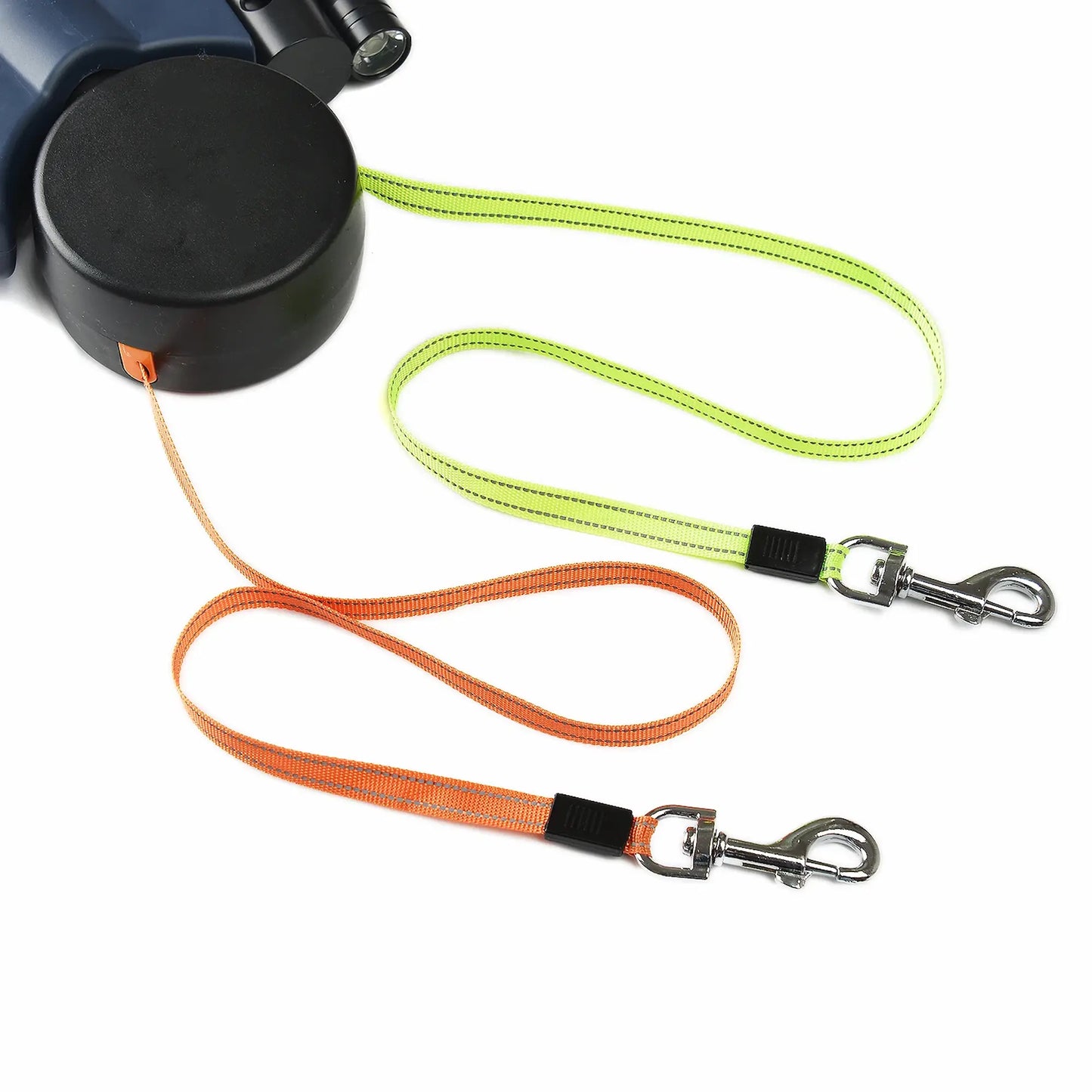 Dual retractable dog leash with two reflective nylon leads and metal swivel clips for walking two dogs
