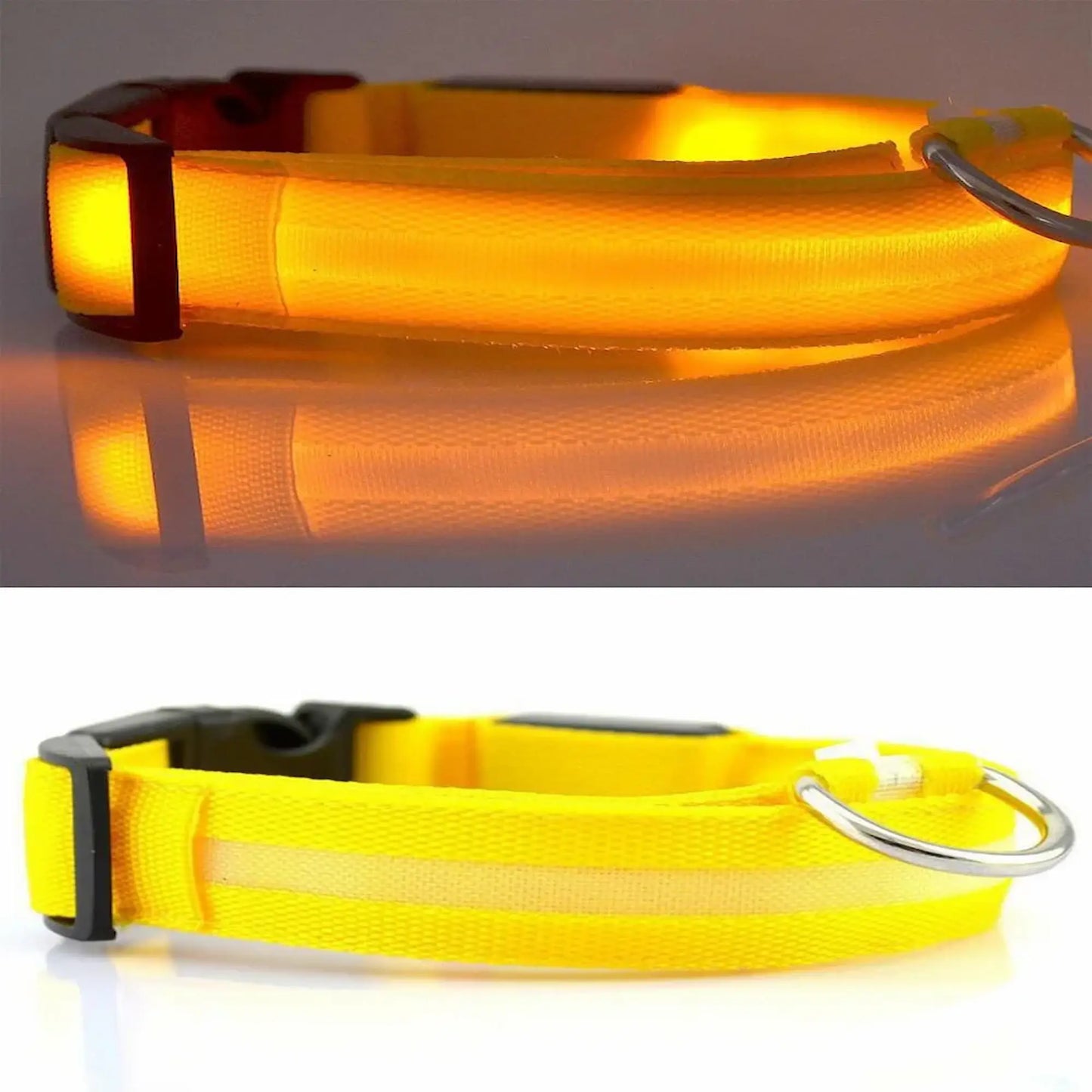 Yellow LED dog collar with reflective strip and metal D-ring, shown illuminated and unlit
