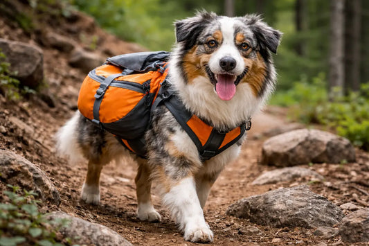 australian shepherd hiking on forest trail wearing balanced dog backpack