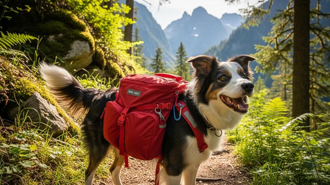 Dog hiking with Trail Teck backpack on a scenic trail