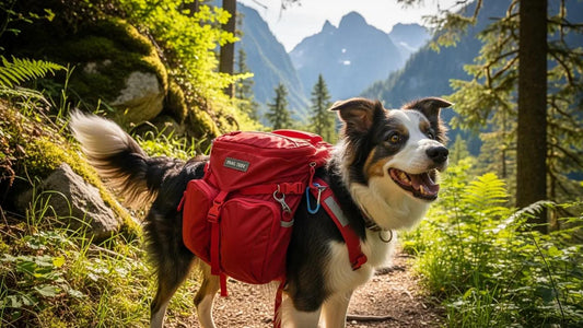 Dog hiking with Trail Teck backpack on a scenic trail