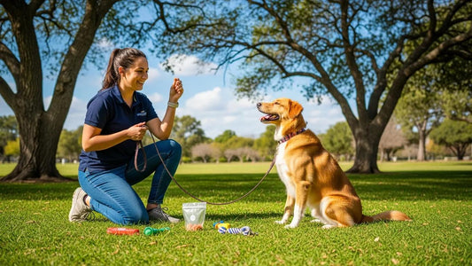 Dog training in a park with owner and dog using positive reinforcement techniques