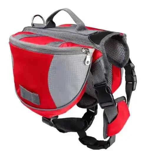 Trail Teck Pet Saddle Backpack in red designed for dogs to carry supplies during hiking, camping, and outdoor adventures