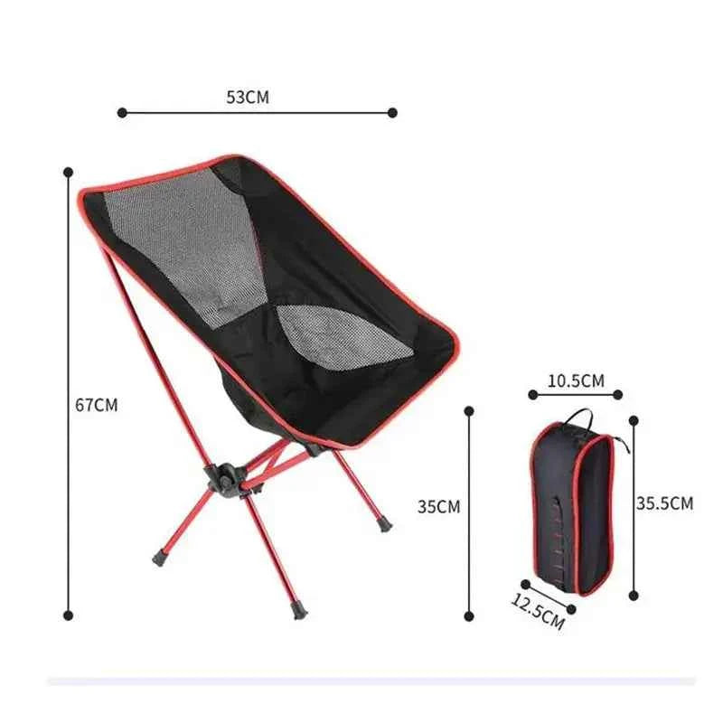 Trail Teck folding camping moon chair with breathable mesh seat, lightweight aluminum frame, and compact carry bag, showing chair and packed dimensions for portable outdoor seating