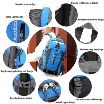 40L camping backpack with ergonomic shoulder straps and lightweight design for hiking, travel, and outdoor adventures