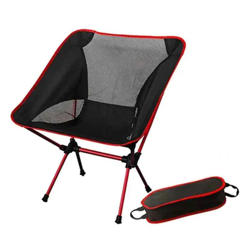 Red folding camping moon chair with breathable mesh seat, lightweight aluminum frame, and compact carry bag for outdoor camping and hiking