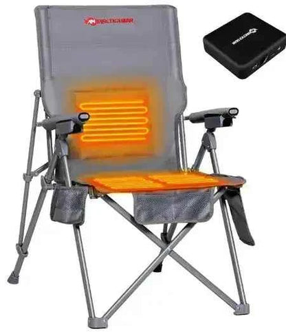 Heated camping chair with built-in warming elements, adjustable armrests, foldable steel frame, and portable battery pack for outdoor use