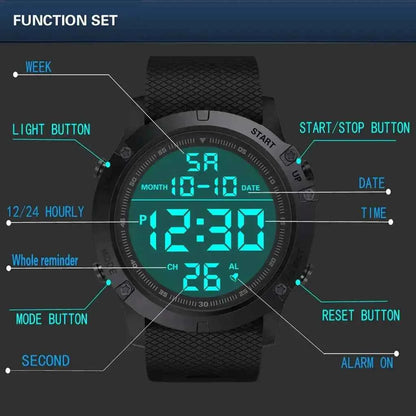 Digital adventure watch showing illuminated digital display with labeled buttons, time, date, alarm, stopwatch, and 12/24-hour functions for outdoor and tactical use