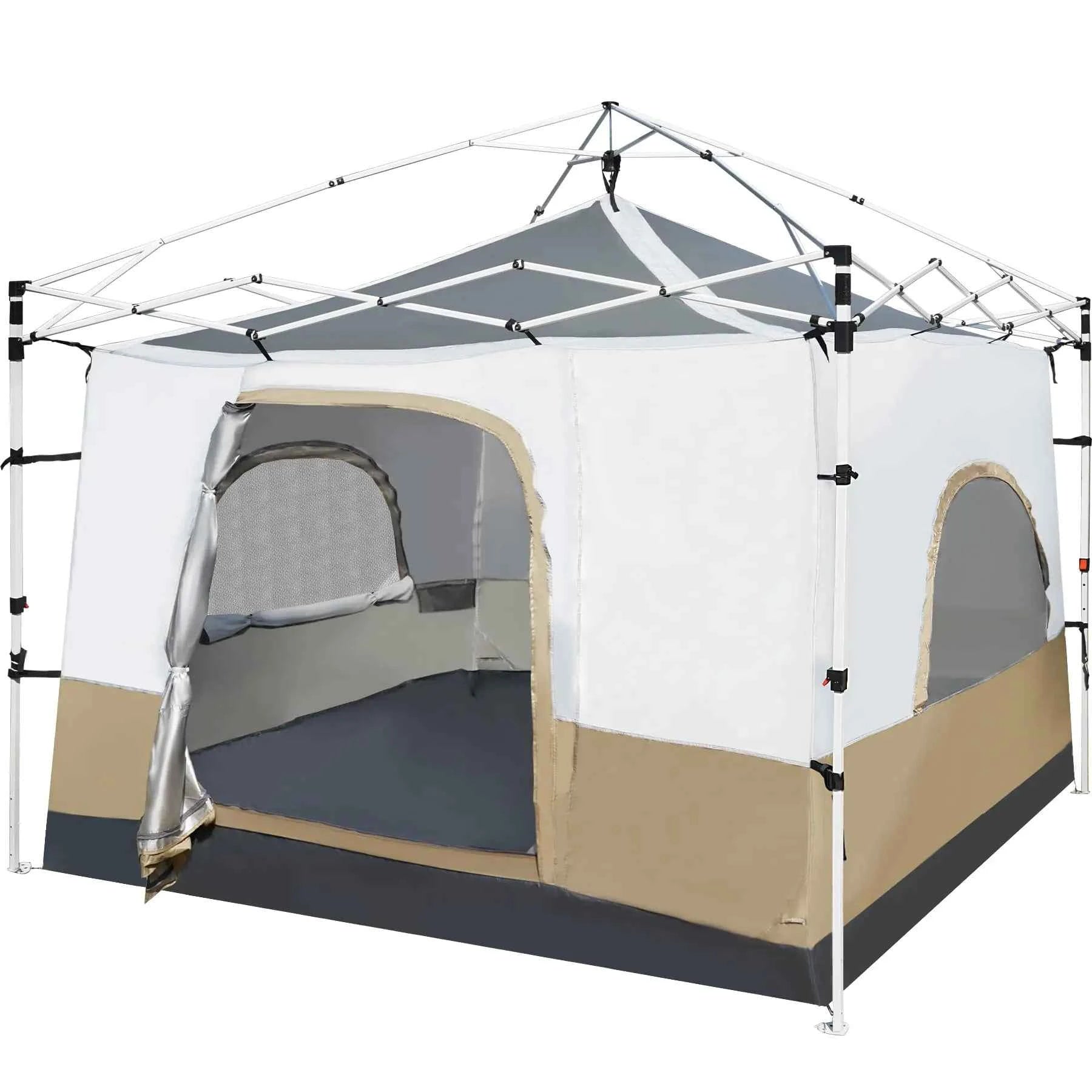 Redcamp canopy camping tent inner tent with mesh windows installed under a 10x10 straight-leg pop-up canopy, converting a canopy into a spacious 4–6 person camping tent.