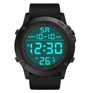 Trail Teck digital adventure watch with backlit display showing time, date, and alarm, designed for outdoor activities, hiking, camping, and everyday wear