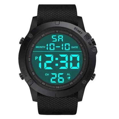 Trail Teck digital adventure watch with backlit display showing time, date, and alarm, designed for outdoor activities, hiking, camping, and everyday wear