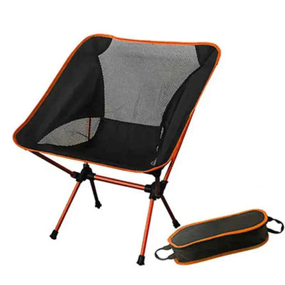 Trail Teck folding camping chair (Moon Chair) with breathable mesh seat, lightweight aluminum frame, and compact carry bag for camping and outdoor relaxation