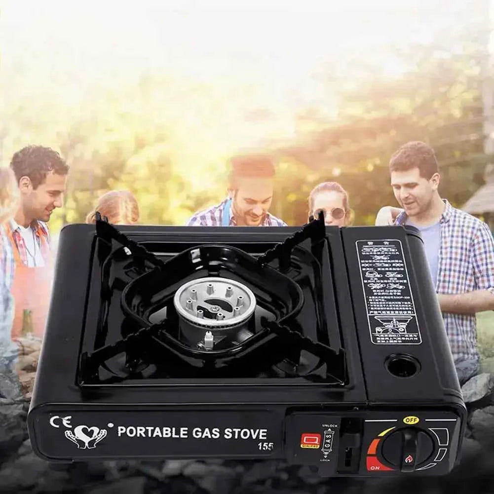 Portable camping gas stove with single burner and adjustable flame control, ideal for outdoor cooking, camping, hiking, and tailgating.