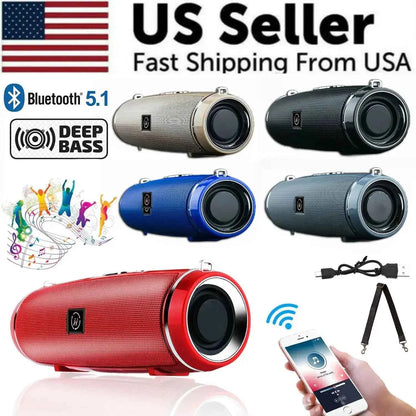 Waterproof Bluetooth speaker with deep bass sound, portable outdoor wireless speaker shown in multiple colors for camping, hiking, and beach use