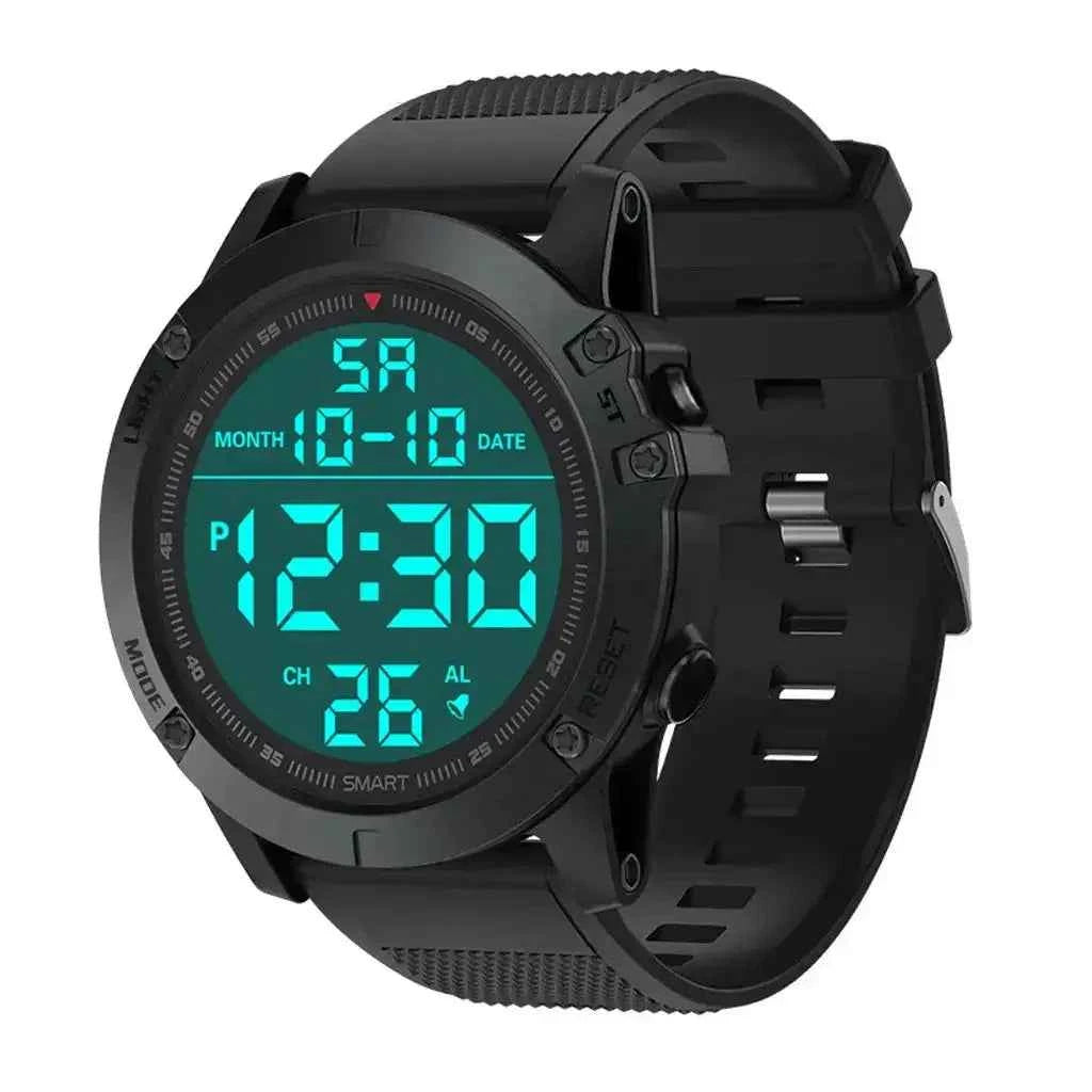 Black digital adventure watch with illuminated teal display, rugged round case, and durable silicone strap shown at an angled side view.