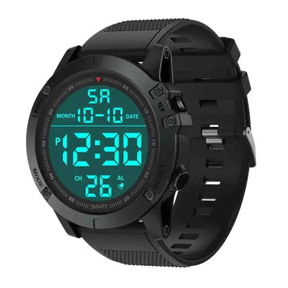 Black digital adventure watch with illuminated teal display, rugged round case, and durable silicone strap shown at an angled side view.