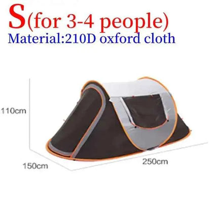 Pop-up camping tent size diagram showing dimensions for 3–4 people, made with 210D Oxford fabric, measuring approximately 250 cm long, 150 cm wide, and 110 cm high.