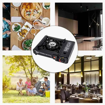 Portable camping gas stove shown for indoor kitchen, outdoor camping, family picnic, and restaurant cooking use
