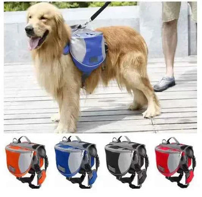Trail Teck Pet Saddle Backpack worn by a dog during a walk, shown in multiple color options for hiking and outdoor adventures