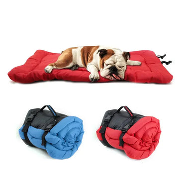 Foldable travel dog bed with bulldog resting on outdoor dog bed
