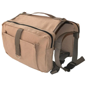 Tan dog hiking backpack with adjustable straps, zippered compartments, and top carry handle.