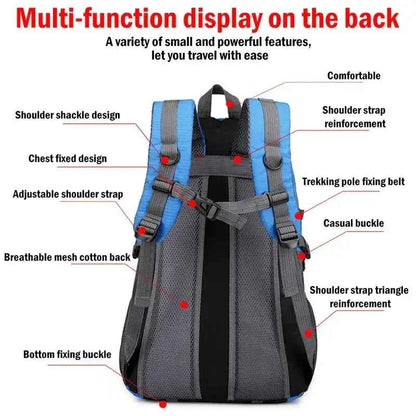 Back view of Trail Teck 40L camping backpack showing breathable mesh back panel, adjustable shoulder straps, chest strap, trekking pole attachment, reinforced shoulder straps, and multi-function ergonomic design for hiking and travel