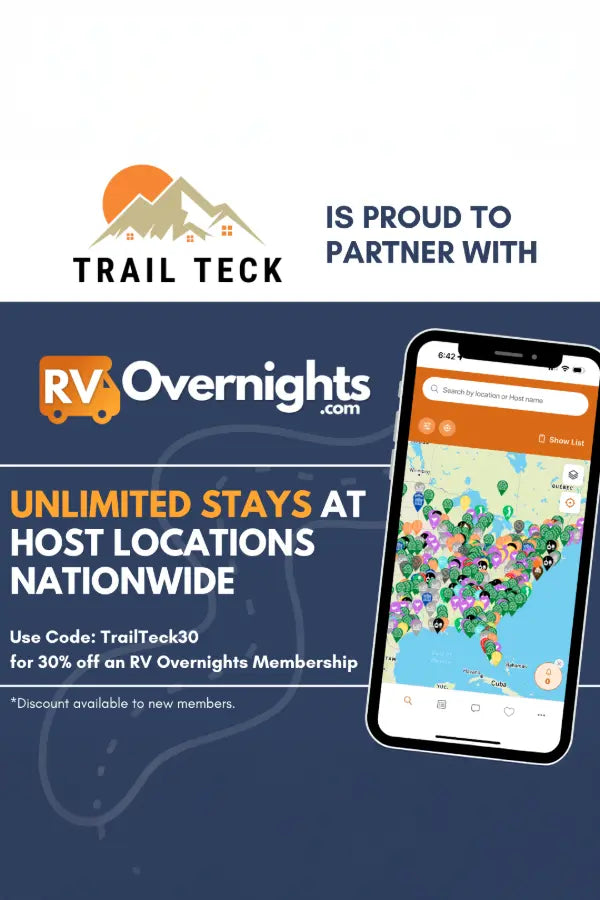 Promotional graphic for Trail Teck partnering with RV Overnights, featuring a smartphone app on a blue background.