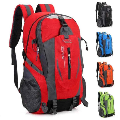Trail Teck 40L camping backpack in red shown with multiple color options, designed for hiking, travel, and outdoor adventures