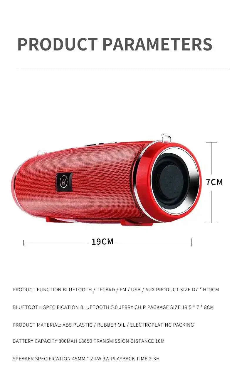 Waterproof Bluetooth speaker with 360-degree sound, deep bass, and compact 19 cm portable design for camping, outdoor travel, and beach use