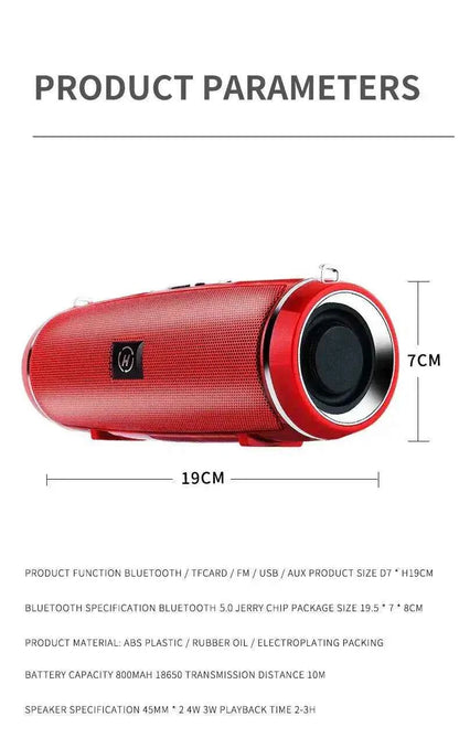 Waterproof Bluetooth speaker with 360-degree sound, deep bass, and compact 19 cm portable design for camping, outdoor travel, and beach use
