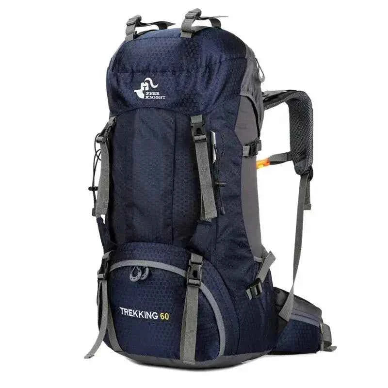 Navy blue 60L trekking backpack with adjustable shoulder straps, padded hip belt, multiple compartments, and durable outdoor design for hiking and camping.