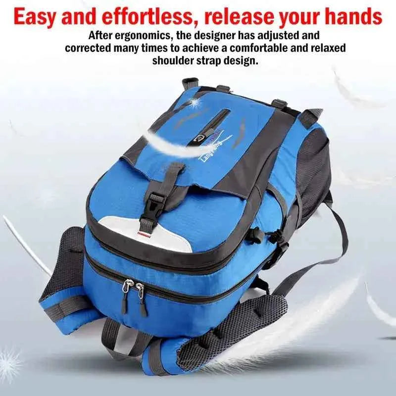 Blue 40L camping backpack with ergonomic shoulder straps, adjustable chest strap, breathable padded back panel, and multiple zippered compartments for hiking, travel, and outdoor adventures