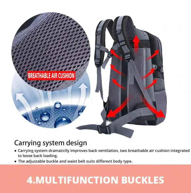 Breathable air cushion back panel on 40L camping backpack with adjustable shoulder straps, waist belt, and ventilated carrying system for hiking and outdoor travel