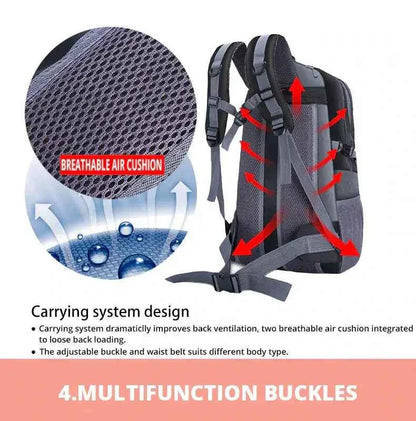 Breathable air cushion back panel on 40L camping backpack with adjustable shoulder straps, waist belt, and ventilated carrying system for hiking and outdoor travel