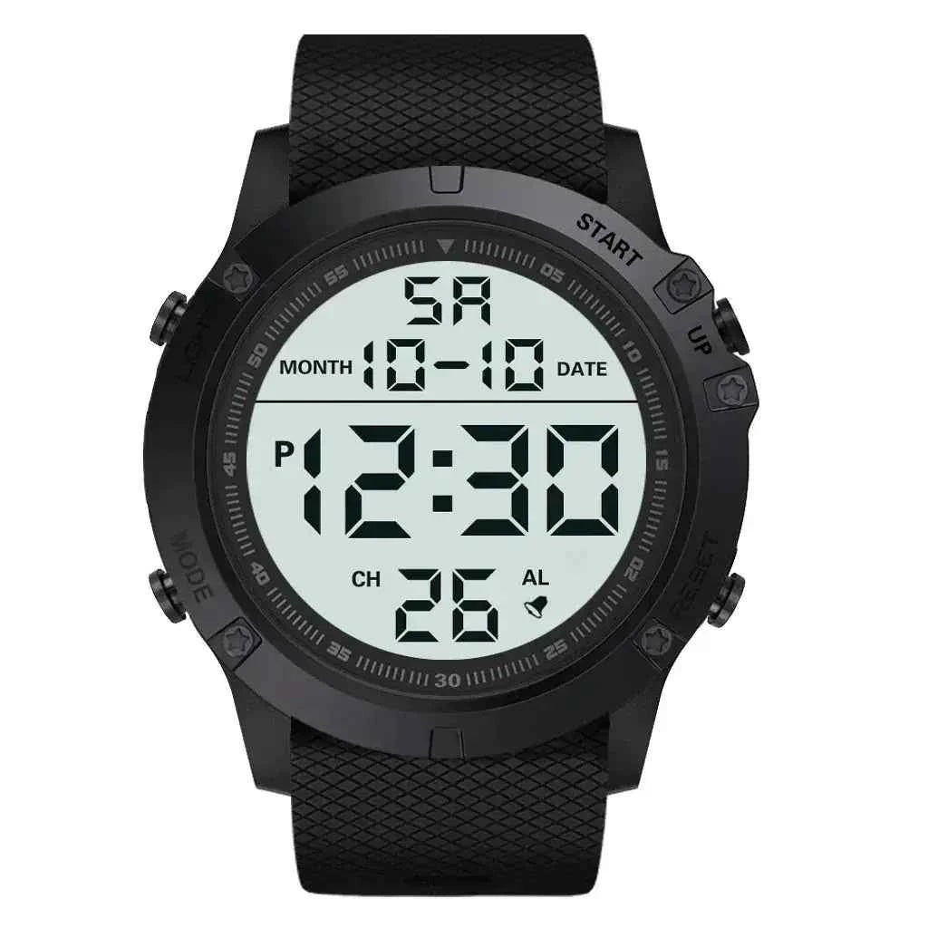 Black digital adventure watch with large round LCD display showing time, date, and alarm, featuring rugged bezel and textured rubber strap.
