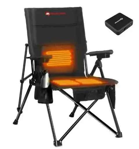 Trail Teck heated camping chair with built-in heating pads, foldable frame, armrests, and rechargeable battery pack for outdoor use