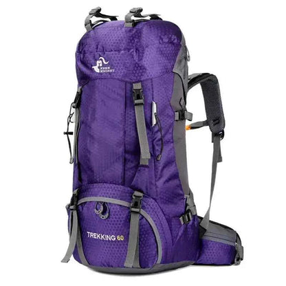 Purple 60L trekking backpack with adjustable straps, padded hip belt, and multiple compartments for hiking and camping.