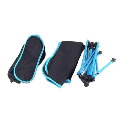 Folded Trail Teck Moon Chair components with fabric seat, aluminum frame poles, and compact carry bag for lightweight camping and outdoor use