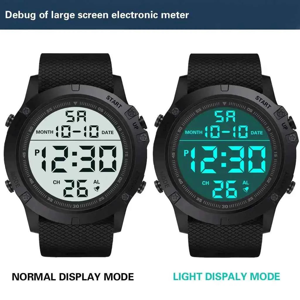 Digital Adventure Watch showing normal display mode and illuminated backlight mode for easy time reading in low-light outdoor conditions