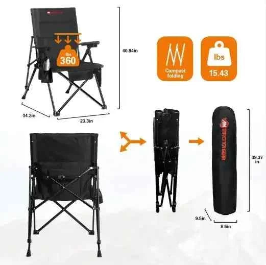 Folding heated camping chair with 360° seat support, compact carry bag, dimensions, and weight specifications shown for easy transport.