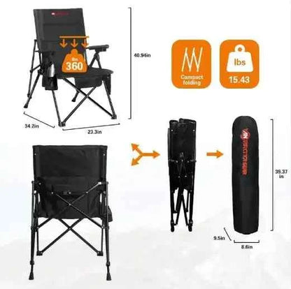 Folding heated camping chair with 360° seat support, compact carry bag, dimensions, and weight specifications shown for easy transport.