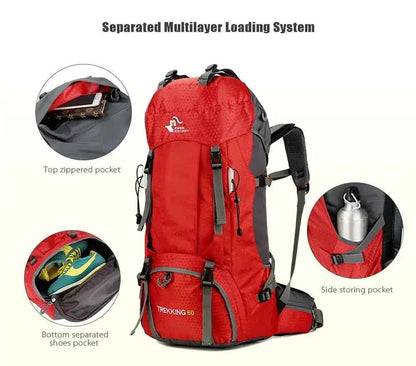 Red 60L trekking backpack with separated multilayer loading system, featuring a top zippered pocket, bottom separated shoe compartment, and side storage pocket, shown with close-up callouts of each storage area.