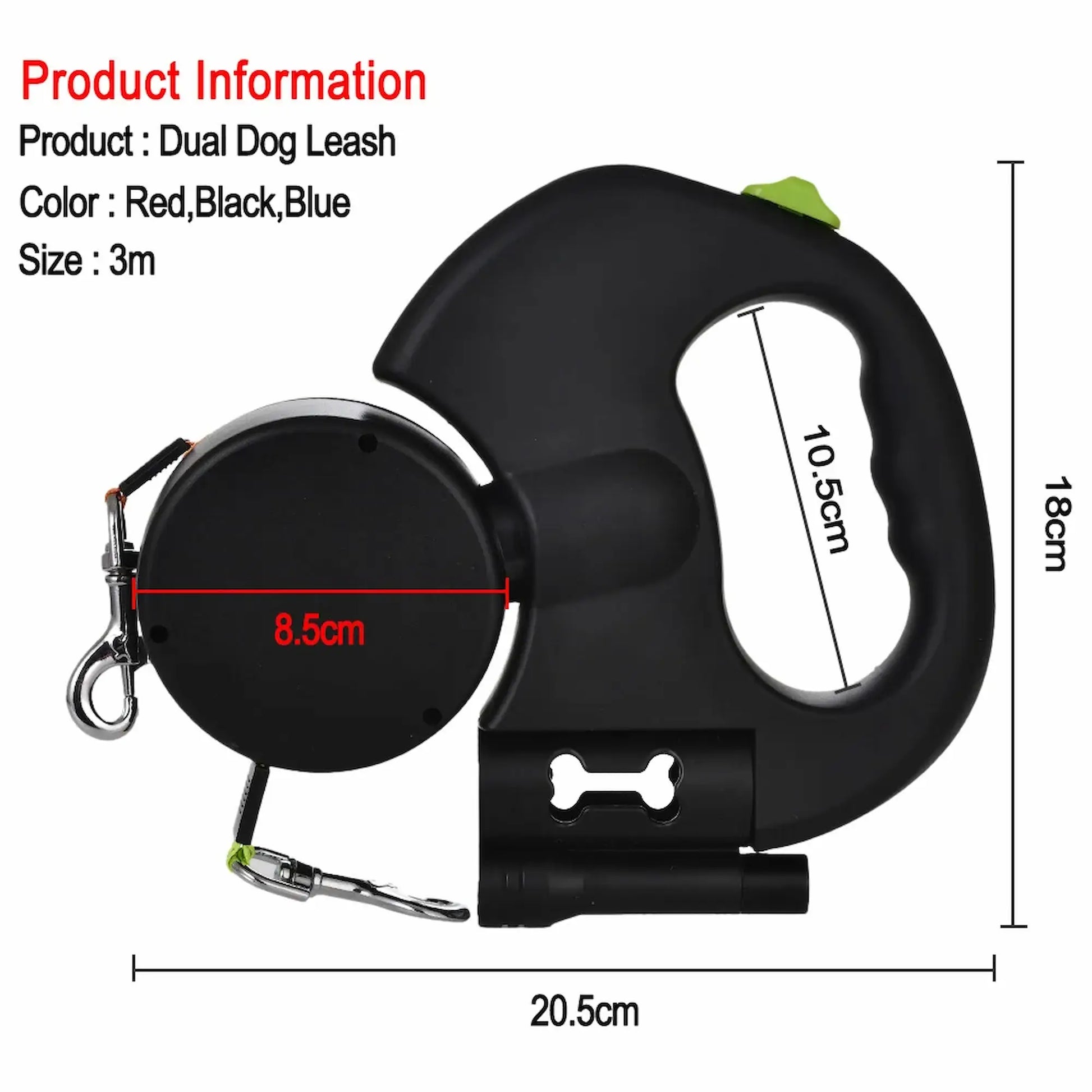 Dual dog leash with retractable 3 meter cord, ergonomic handle, and built-in waste bag holder, available in red, black, and blue