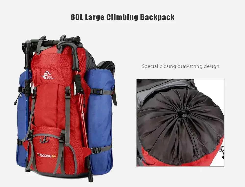 60L large hiking and climbing backpack with drawstring top closure, shown packed with gear for trekking and camping