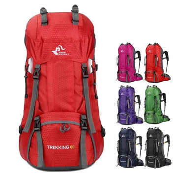 Trail Teck 60L camping backpack with adjustable straps, multiple compartments, and color options for hiking, trekking, and backpacking trips